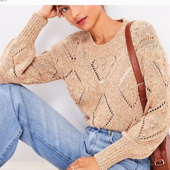 Loft Tan Marled Geo Pointelle Bobble Sweater Size Medium NWT - Picture 1 of 9